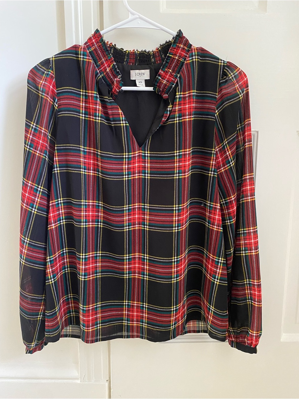 J. Crew Red Plaid Long-Sleeve Ruffle Neck Top XS